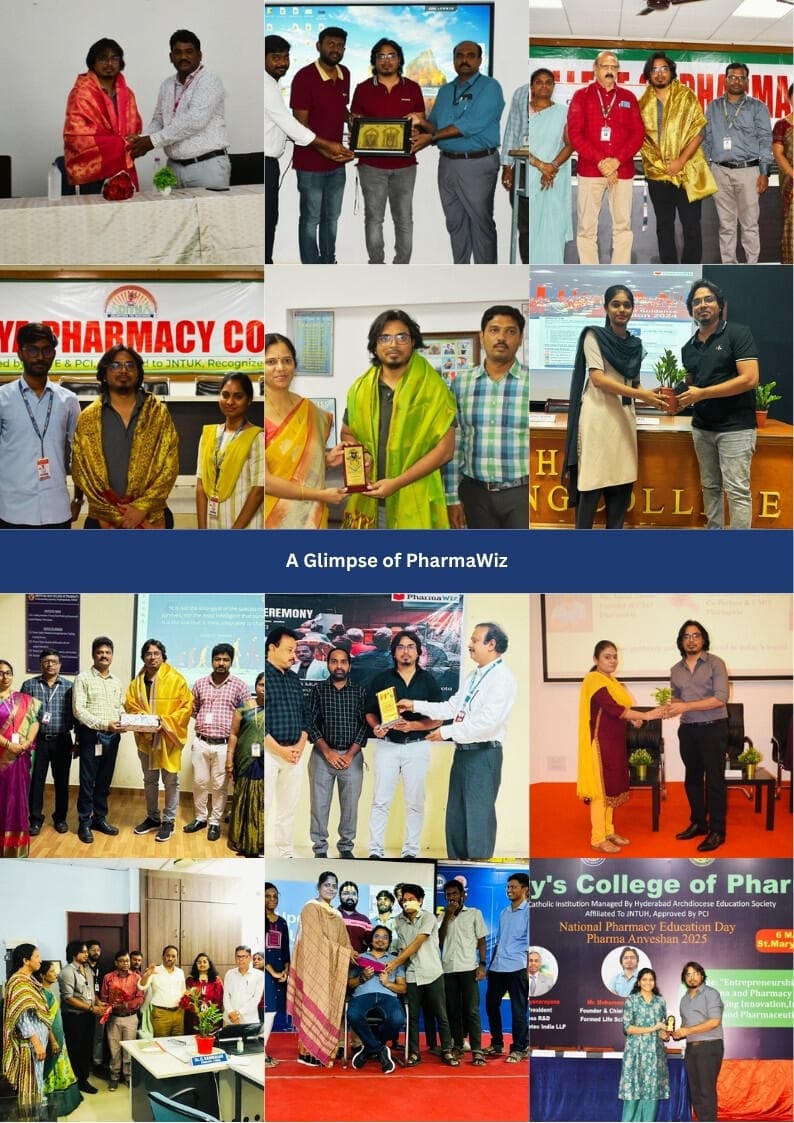 Collage of classrooms, colleges and the PharmaWiz team